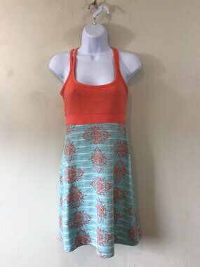 Lola Criss Cross Back Orange and Blue Built in Bra Sundress Dress